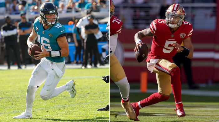 Separate photos of Trevor Lawrence and Trey Lance in game action during their rookie years